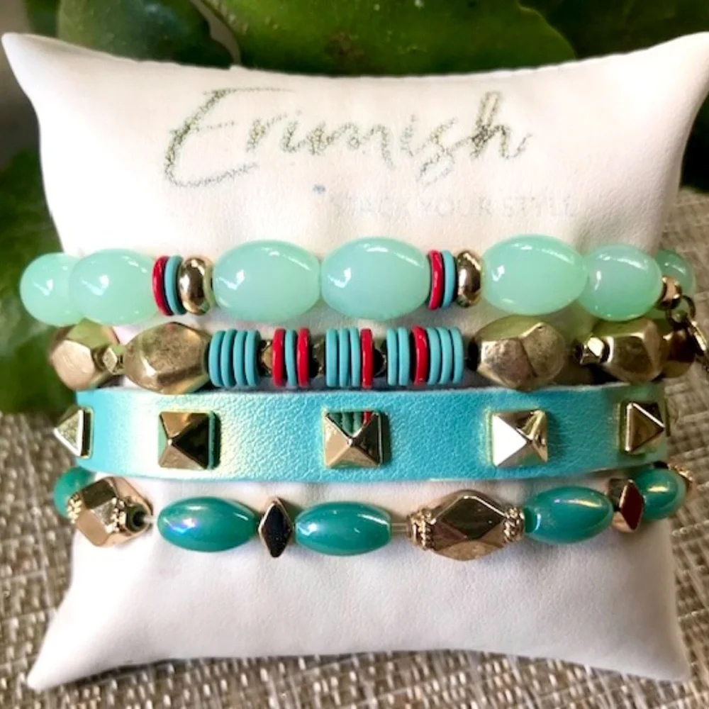 ERIMISH BRACELETS ⭐️ New SEA-MIST GOLD PYRAMID STUDDED LEATHER 4 PC STACK NWT - Picture 2 of 15